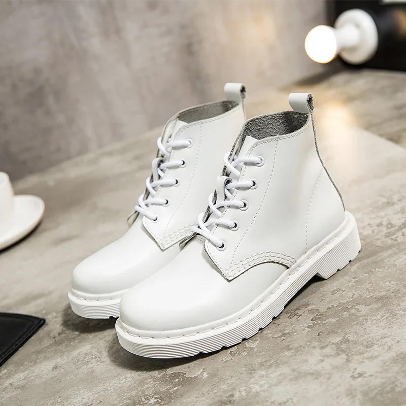 

Yomior 2020 New Spring Style Genuine Leather Women Shoes Lace-Up White Ankle Boots Wedge Unisex Big Size Dress Motorcycle Boots