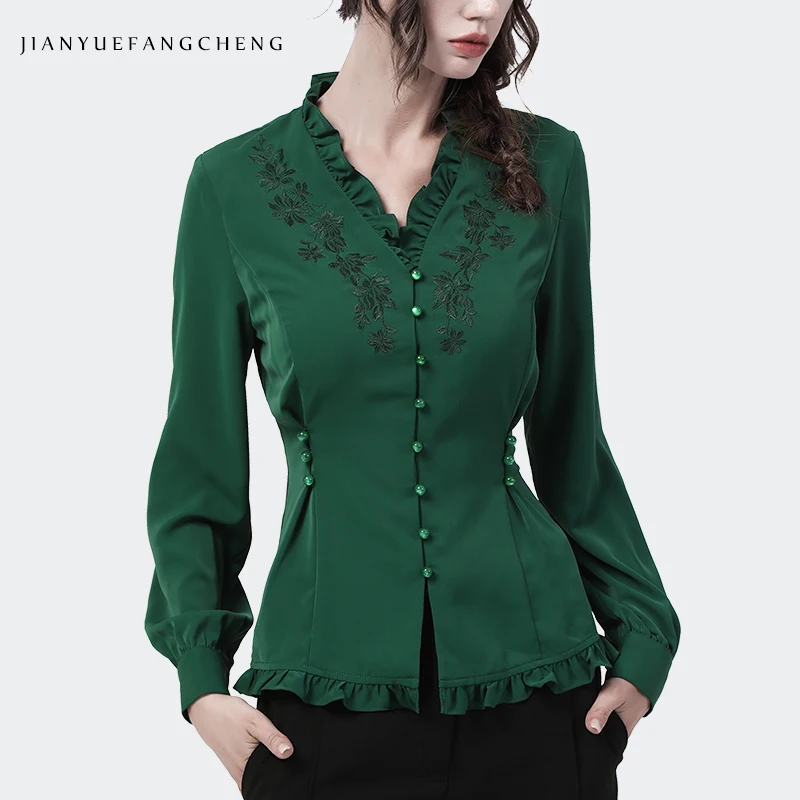 Vintage Embroidery Long Sleeve Women\' Shirt 2021 Autumn New Ruffled V-Neck Satin Top Dark Green Elegant Slim Tunic Blouses