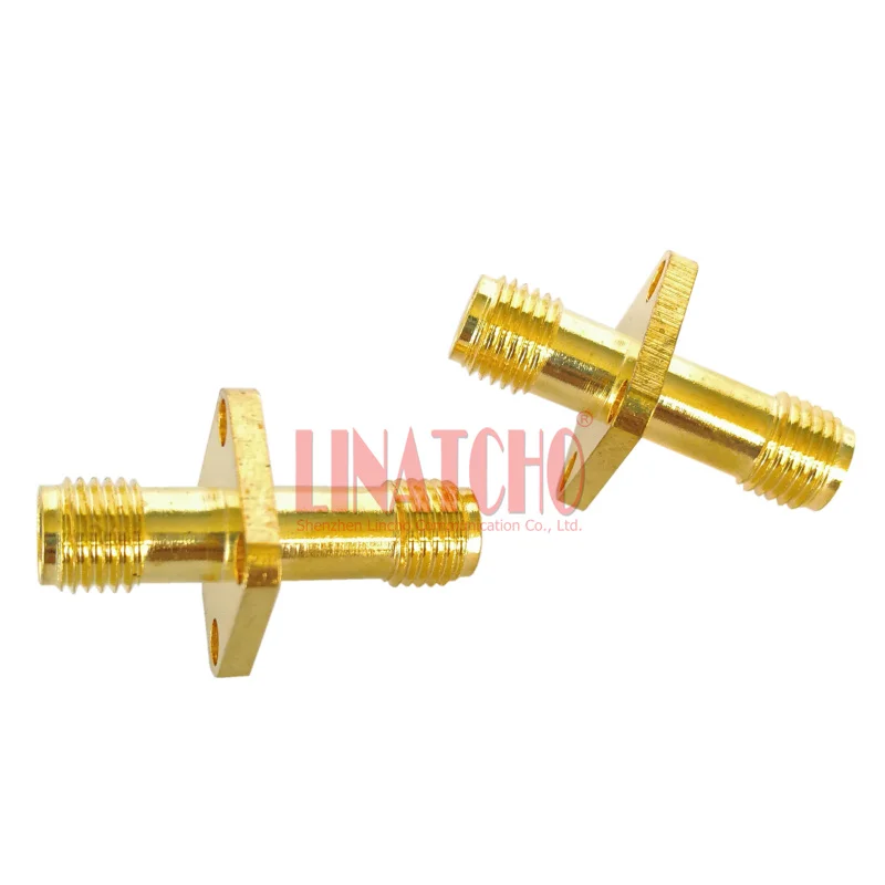 50Ohm Golden Color SMA Female to SMA Female Flange 4 Fixing Holes Connector Adapter