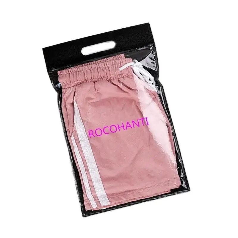 50X Custom LOGO Printed Transparent Plastic Black Zipper Bag Non Woven Bags With Handle for T-Shirt Clothing Gift Packaging Bag