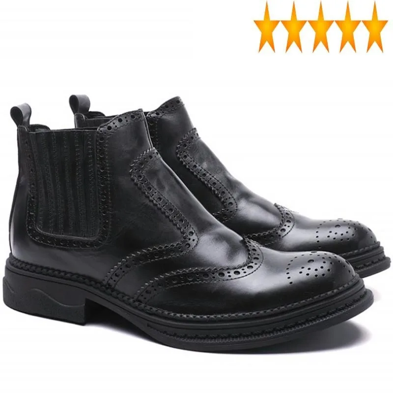 Business Genuine Leather Shoes Luxury Men British Style Vintage Bullock Winter Work Safety Chelsea Boots Platform Botas