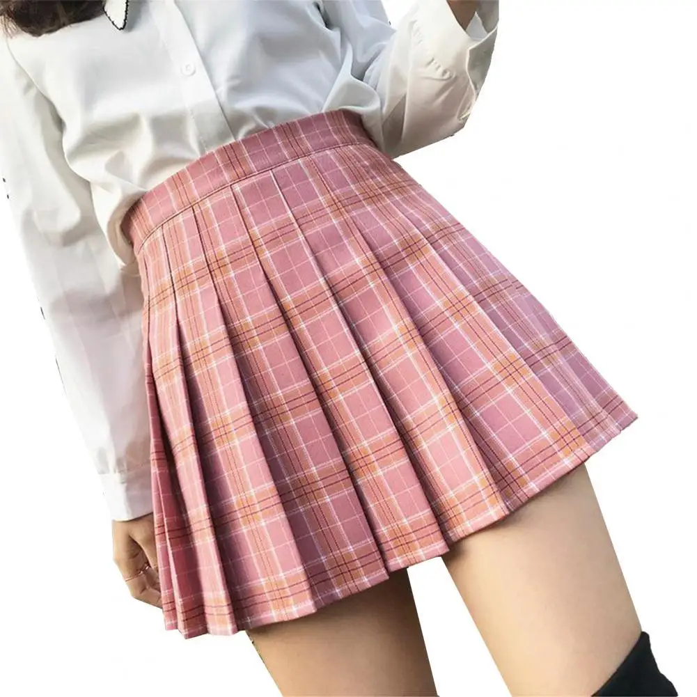 2021 Summer Fashion Mini Skirt High Waist Women Side Zip Solid Color/Plaid Printed Pleated Skirt for Cute Girls School Skirts