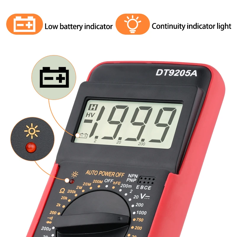 DT9205A Automotive Tester Multimeter Digital Professional Manual Range AC DC 1000V 20A Voltmeter Ohm Capacitance Tester Machine