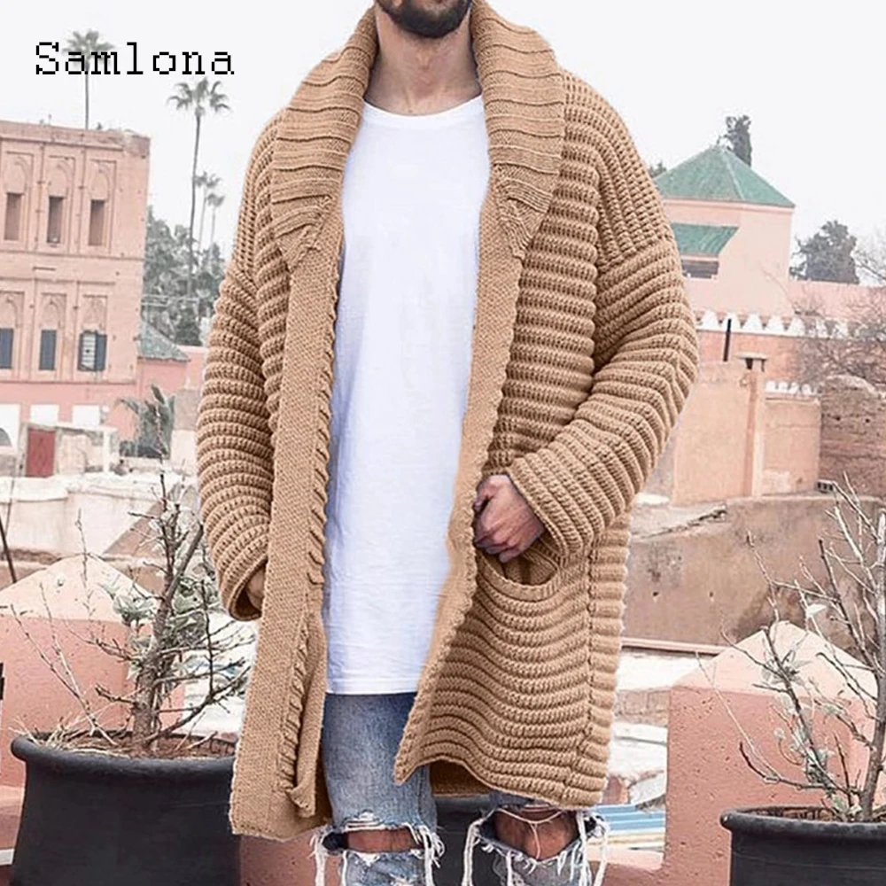 Samlona Plus Size 4xl Men Autumn New Knitting Sweaters Winter Long Coats Mens Patchwork Top Cardigans Pocket Design Sweater 2021