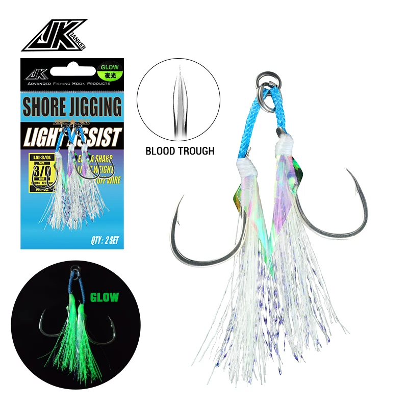 Assist Hook Slow Jigging Hooks Sea Fishing Hooks Luminous Glow Double Hooks 1/0 2/0 3/0 4/0 High Carbon Steel Hooks