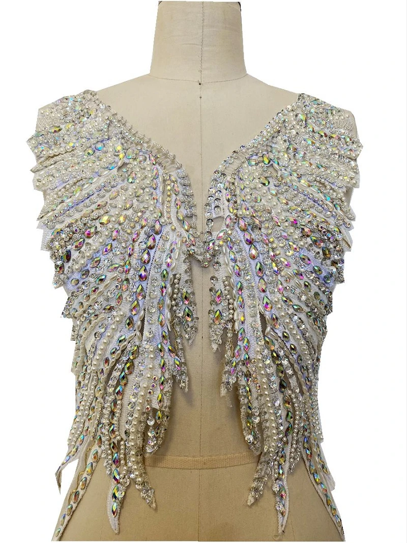 

1 пара кружевных аппликаций ручной работы со стразами, пришивные бусины, камни, нашивки, отделка крыльев ангела, нашивки для платья, вырез 52X15 см