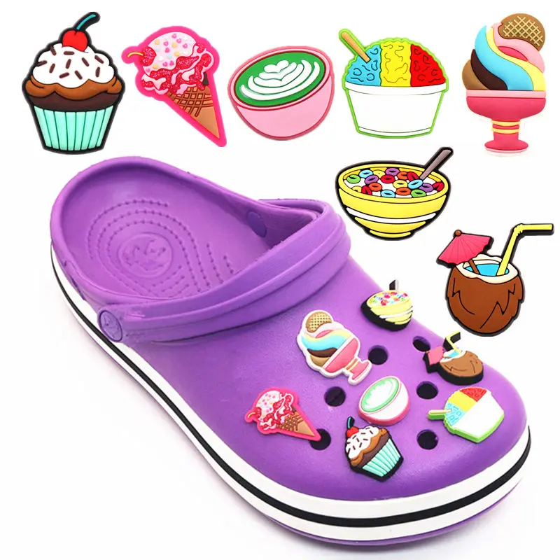 Original 6pcs/set Novel Desserts Shoe Charms Decoration Cute Ice cream PVC Shoes Accessories fit Party X-mas Kids Gift