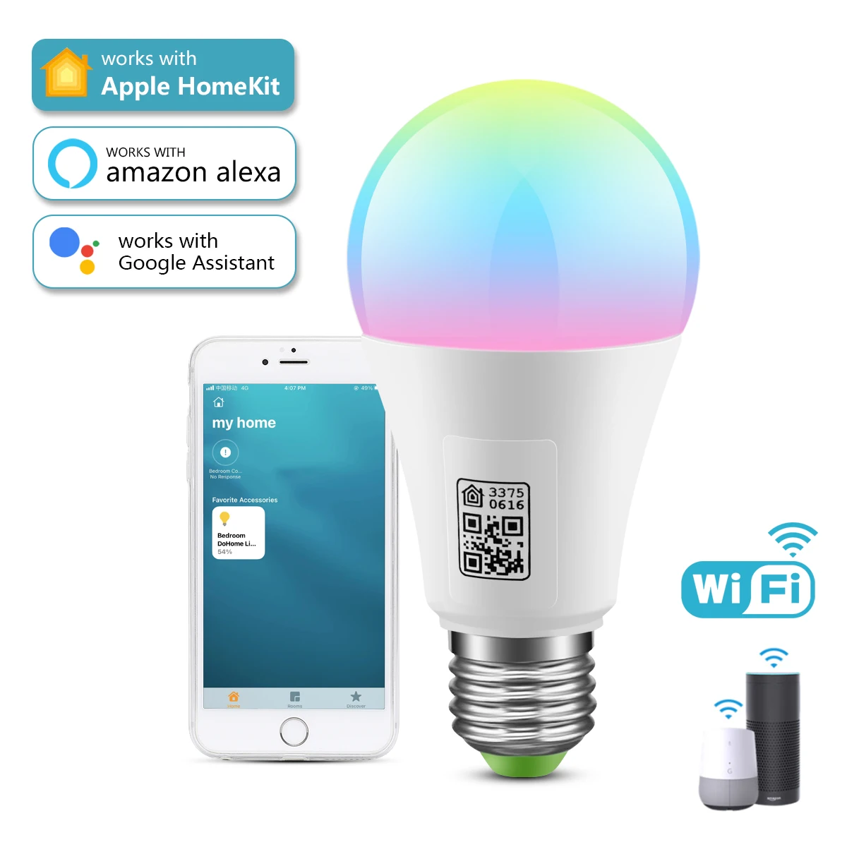 애플 홈킷 와이파이 LED 스마트 램프, 9W RGB 음성 제어, 스마트 홈 전구, 도홈 애플 IOS 블루투스 4.0 조명 작동 