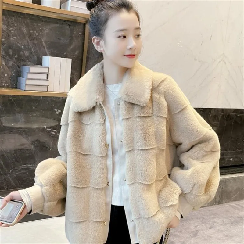 

2021 Single Breasted Faux Rabbit Hair Fur Lapel Top Female Loose Women's Imitation Fur Coat Fashion Faux Rabbit Fur Coat Luxury