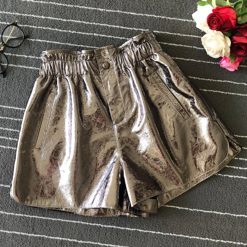 Elastic Summer High Waist Wide Legged Loose Genuine Leather Shorts Fashion Streetwear Women Punk Glossy Patent Leather Hotpants