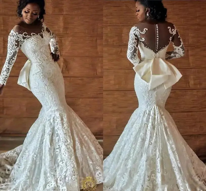 

Customized Nigerian African Full Lace Wedding Dresses Back Bow Beading Long Sleeves 2025 Ivory Mermaid Engagement Wedding Bridal