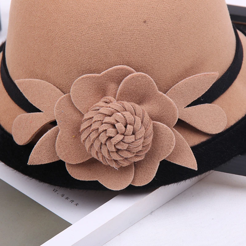 Women Elegant Woolen Fedora Three-dimensional Flowers Ladies Fall Hats Female Bucket Hat Short Brim Autumn Cap