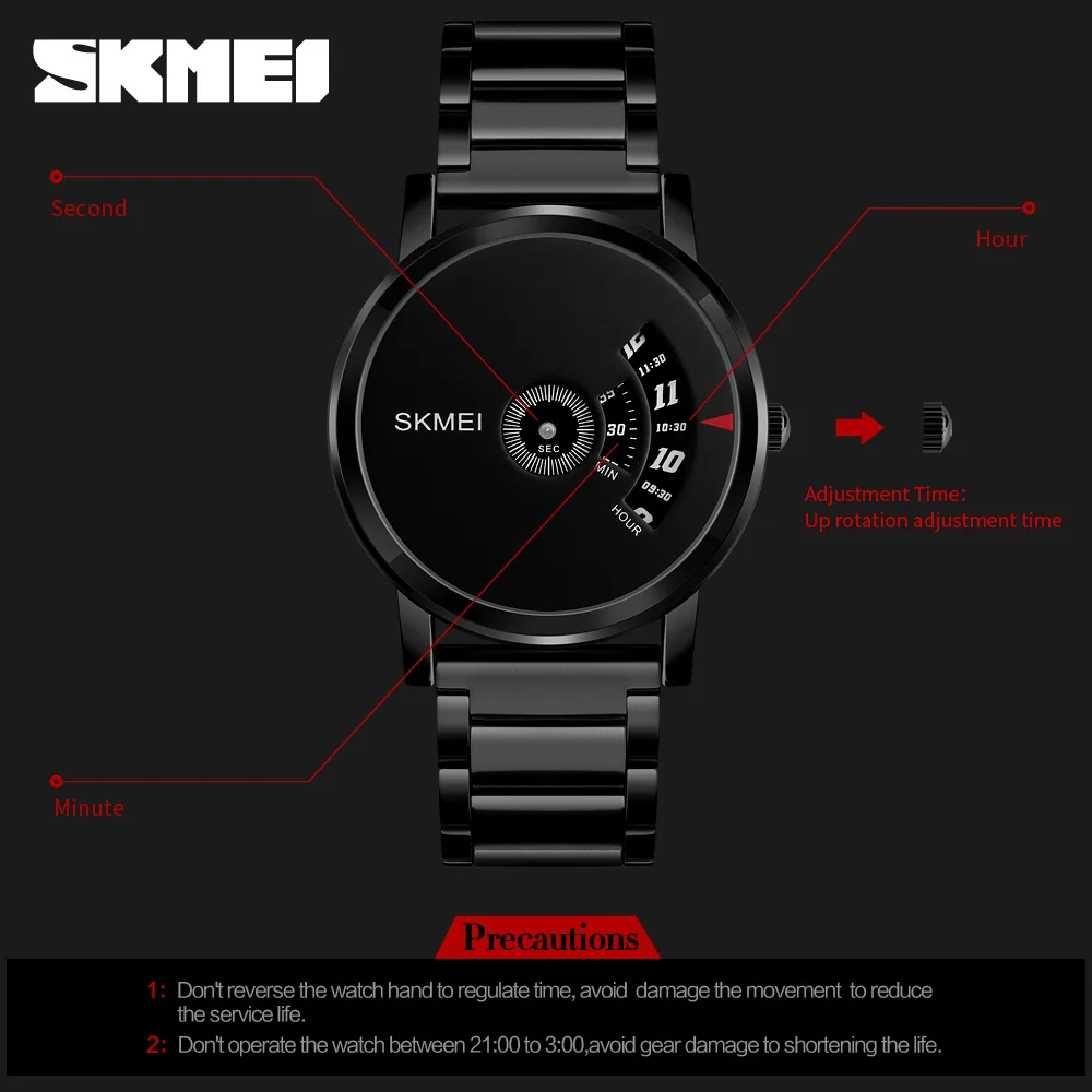 SKMEI Black Stainless Steel Watches for Men Creative No Pointer Dial Waterproof Quartz Wristwatch Fashion Business Men\'s Watch