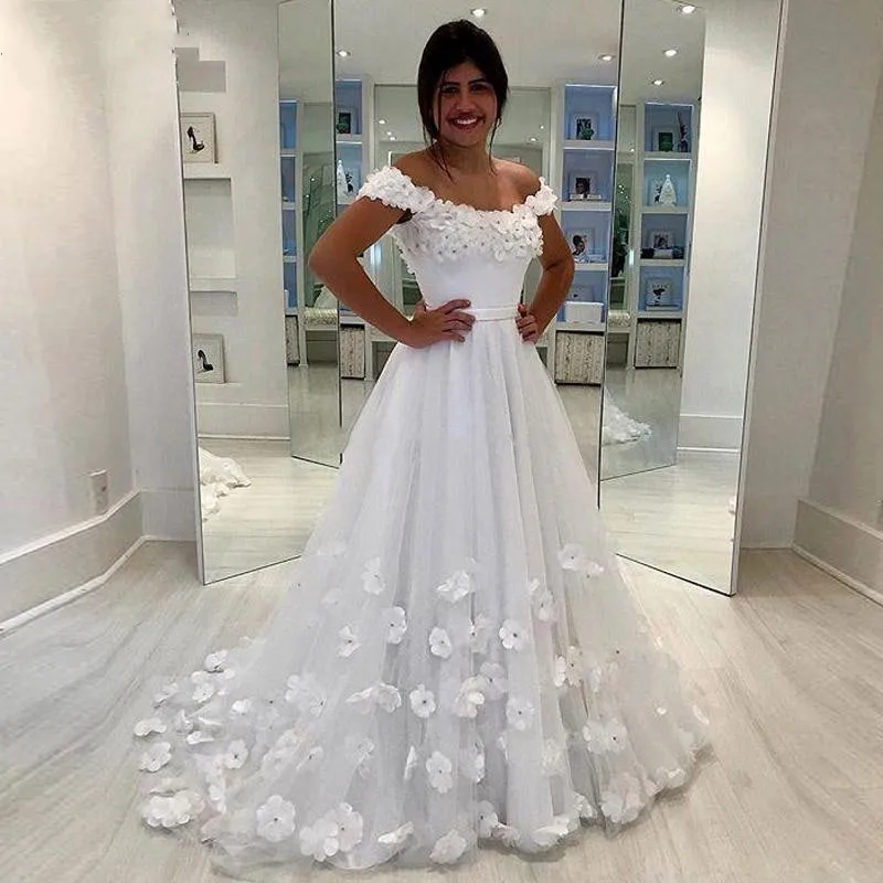 E JUE SHUNG White Wedding Dresses Off Shoulder Flowers A-Line Fairy Bride Dresses Lace Up Back Wedding Gowns robe de mariage