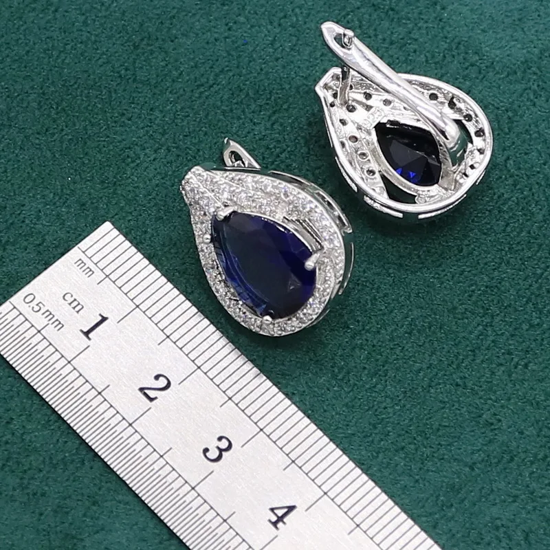 Royal Blue Sapphire 925 Sterling Silver Jewelry set for Women Bracelet Hoop Earrings Necklace pendant Ring