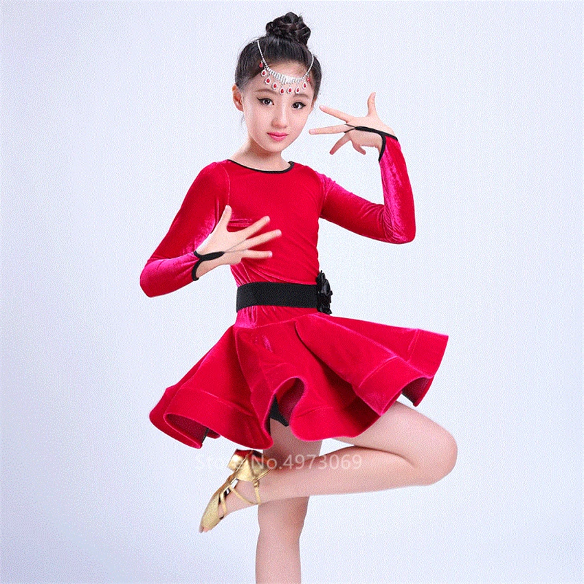 Latin Dance Dress Full Sleeve Velvet Skirts for Girl Children Autumn Winter Ballroom Tango Salsa Vestidos Women Stage Costume