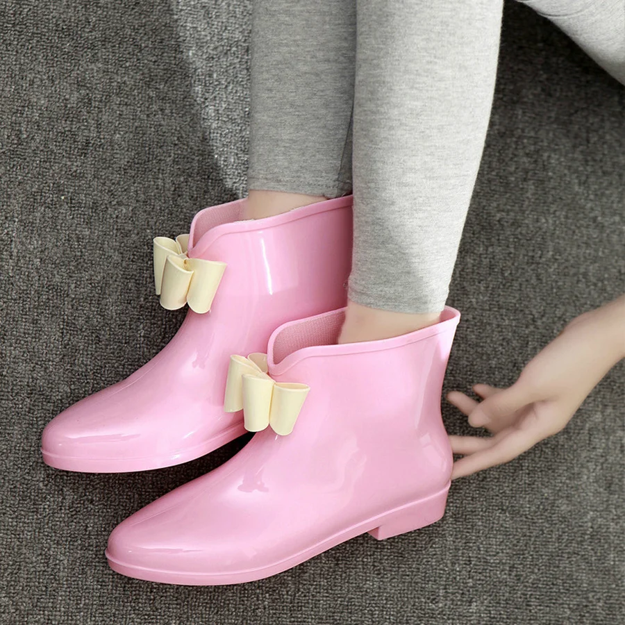 Dwayne Bowtie Ankle Rain Boots Women Low Heels Non-slip Glossy Rainboots Waterproof PVC Woman Water Shoes round toe women boots9