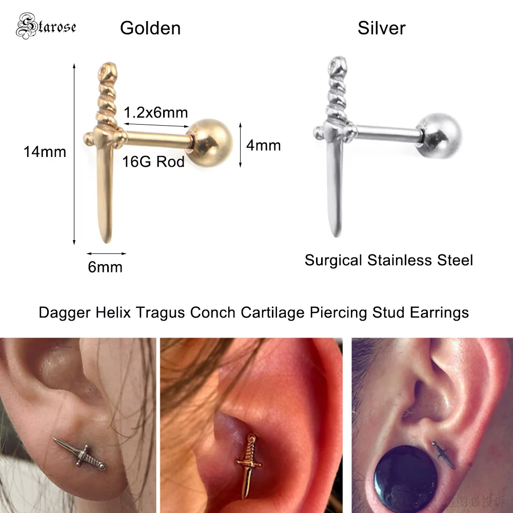 Starose 2Pcs 1.2x6mm Gold Color Punk Dagger Earrings Stainless Steel Tragus Cartilage Piercing Helix Piercing Stud Ear Jewelry