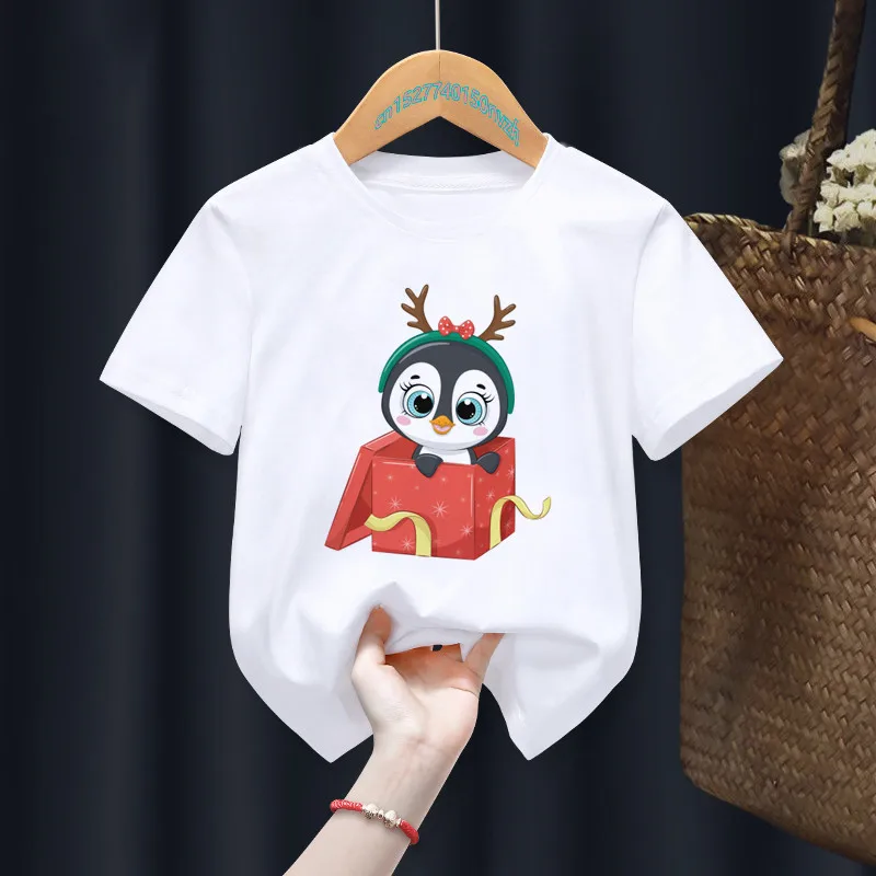 Merry Christmas penguin Cartoon Cute White Kid T-shirts Boy Animal Tops Tee Children Summer Girl Gift Present Clothes ,Drop Ship