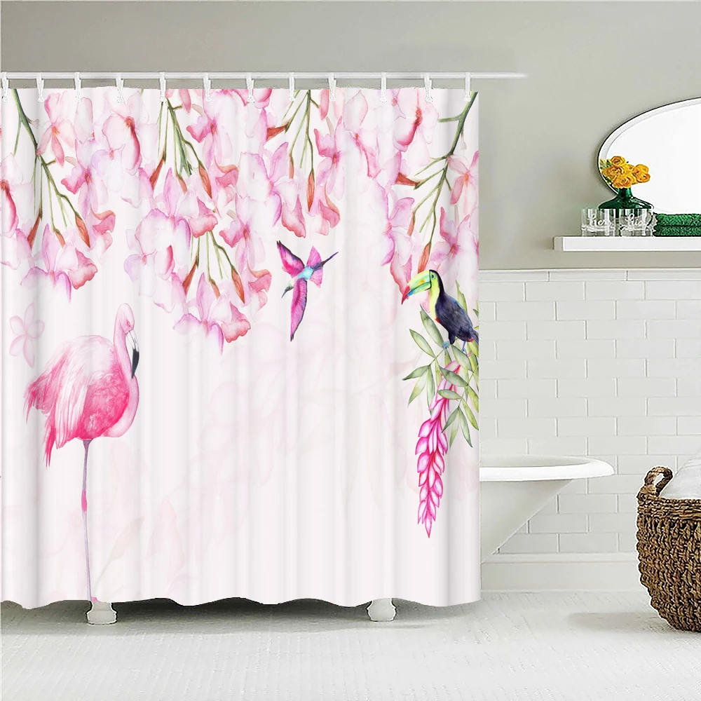 3D Pink Birds Flamingo Print Nordic Style Shower Curtain Set With Hooks Waterproof Fabric Home Decoration Bathroom Curtains