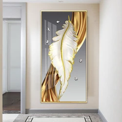 Nordic Luxury Abstract Wall Art Golden White Feathers Canvas Painting Gold Ribbon Posters for Porch Corridor Home Decoration