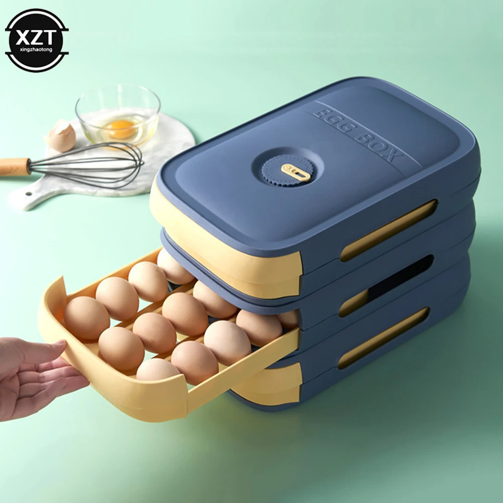 Stackable Sealed Fresh-keeping Eggs Storage Box Holder Container Drawer Tray Type Kitchen Fridge Plastic Egg Organizer With Lid