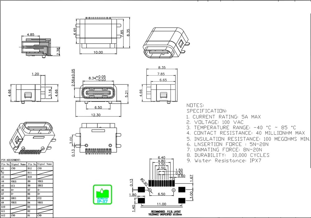 Tomada de conector tipo-c micro usb3.1, conector fêmea de 16 pinos smt à prova d'água ipx7, soquete de carregamento para samsung lenovo etc, 20 peças