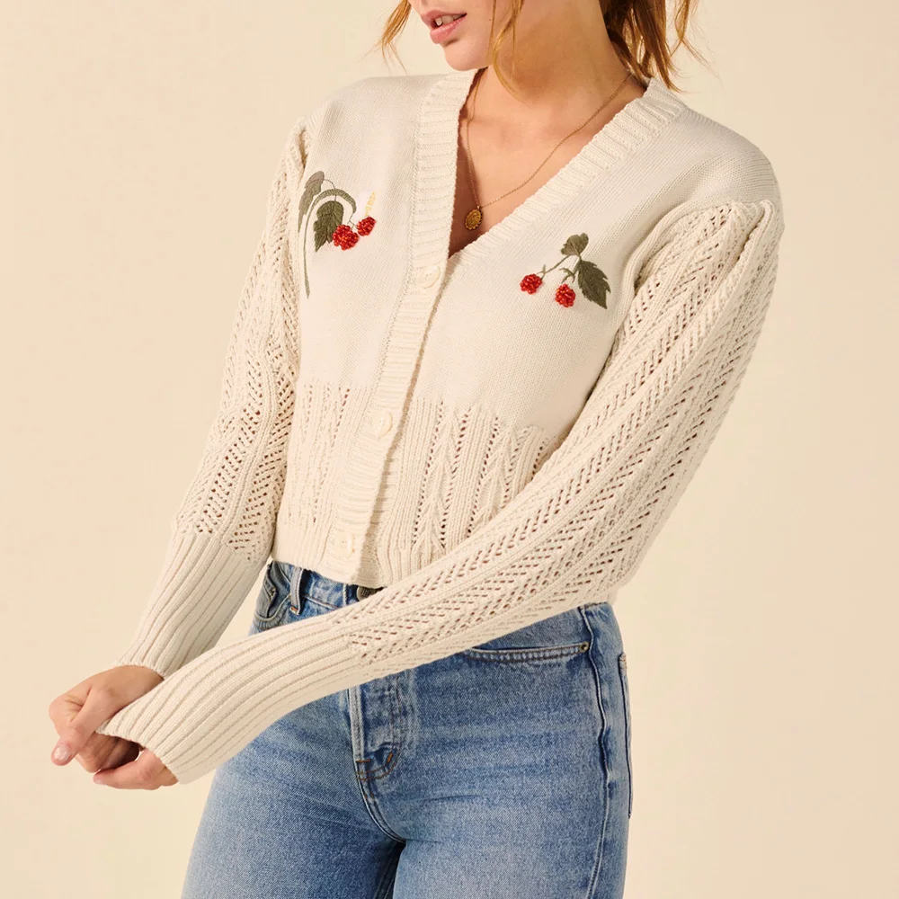 

Knit Cardigan Crop Top Women V Neck Long Sleeve Cropped Cardigan Sweater 2020 Cute Embroidery Beading Knitted Cardigans Knitwear