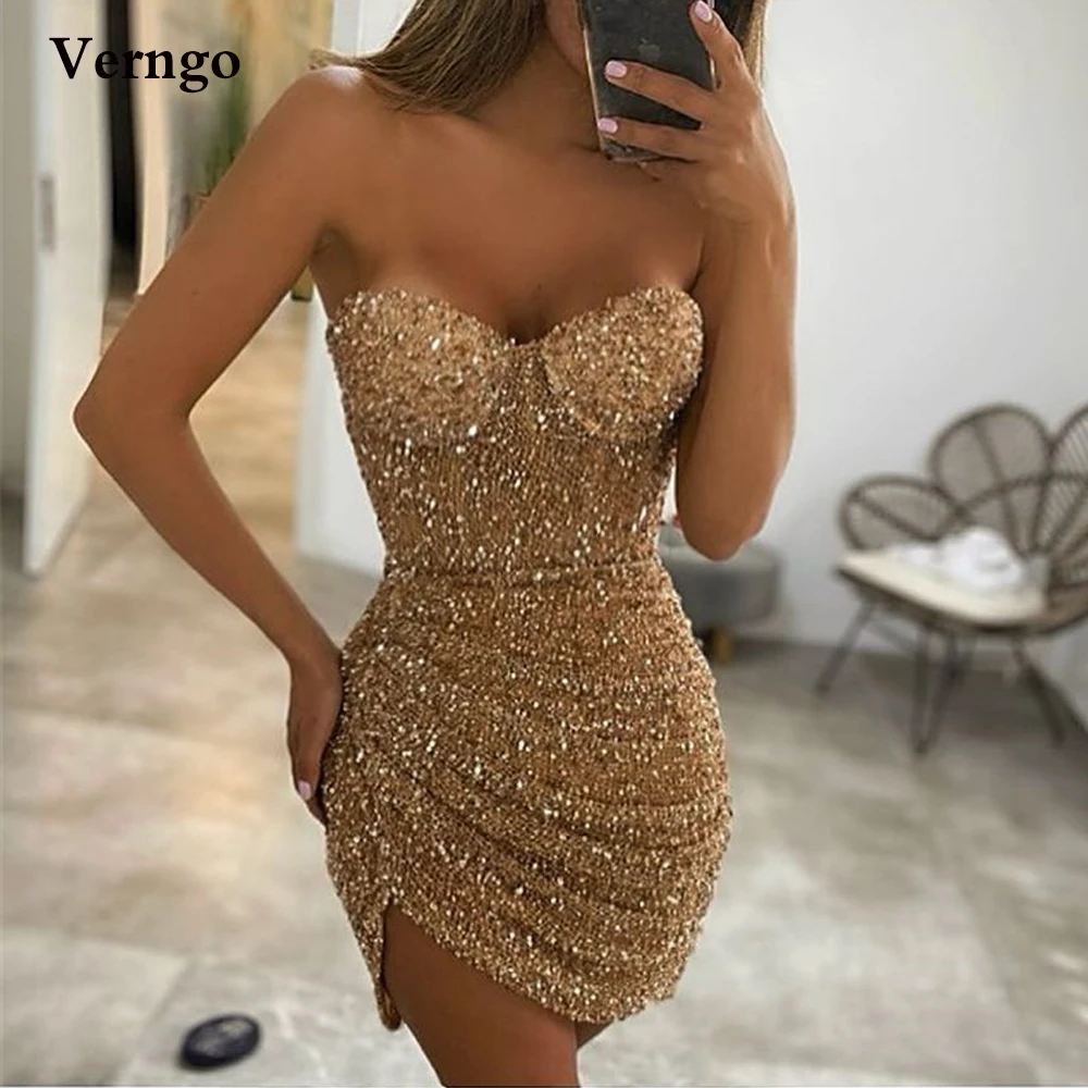 

Verngo Gold Champne Sparkly Sequin Short Prom Dresses Sweetheart Corset Mini Sexy Cocktail Party Dress Modern Night Club Gown