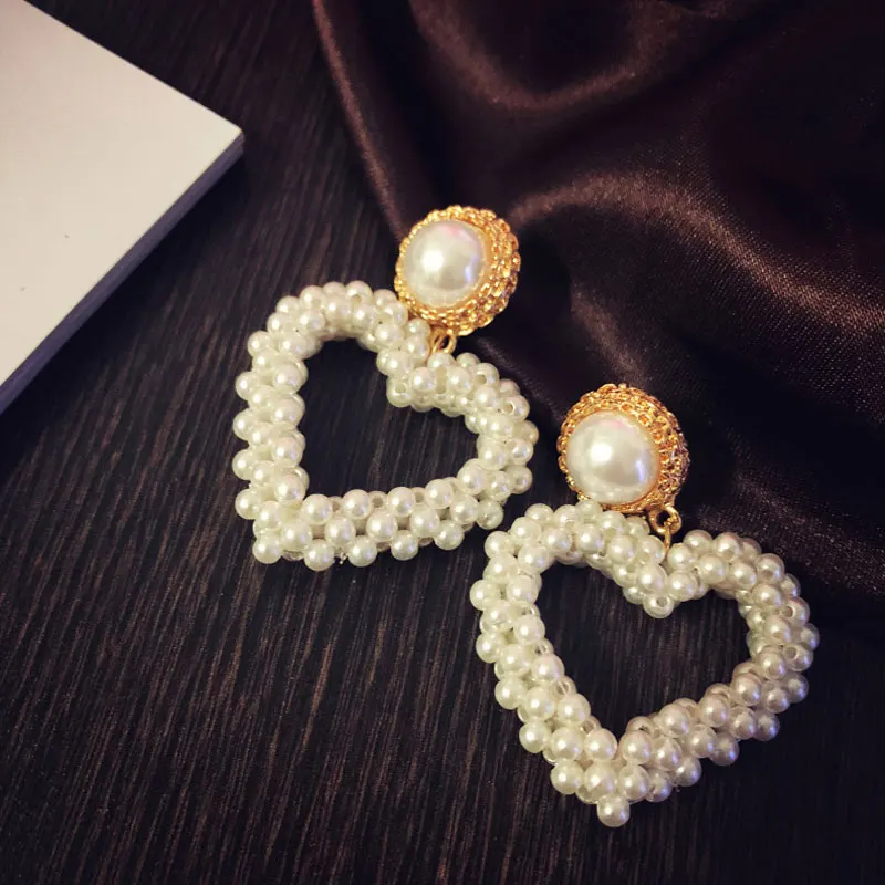 Fashion Luxury Brand Design Heart Earring Jewelry Handmade Pearls Heart-shaped Big Drop Earrings