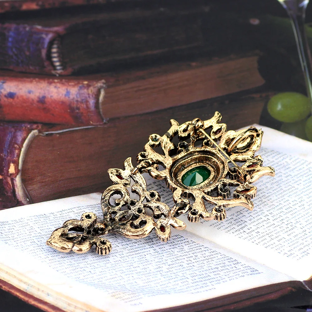 Gray Crystal Women Brooch Pins Vintage Turkish Wedding Jewelry Antique Gold Color Alloy Family Banquet Gift