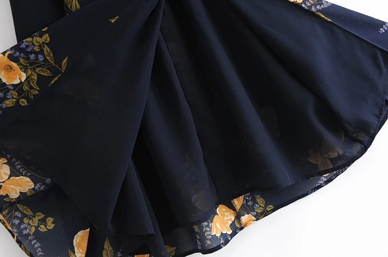 2020 French Summer Navy Blue Floral Print Bandage Spaghetti Strap Midi Dress Retro Sexy Women Lacing Up Sling Slit Vestido