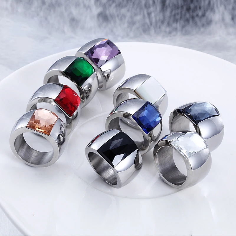 Fashion 18K Gold Color Stainless Steel Rings For Women Sqare Colorful Stone Glass Femme Rings Anillos Mujer Jewelry Gifts