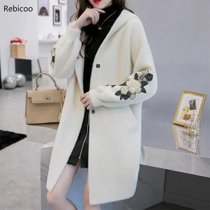 New Women Long Outwear Faux Fur Coat Autumn Winter With Hat Embroidered Warm Single Breasted