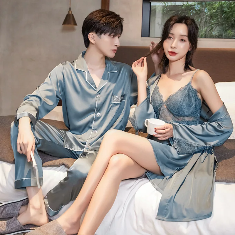 Summer Ice Silk Men Pajamas Women Lace Trim Robe Sets Home Service Suit Casual Couples Sleepwear Nightwear