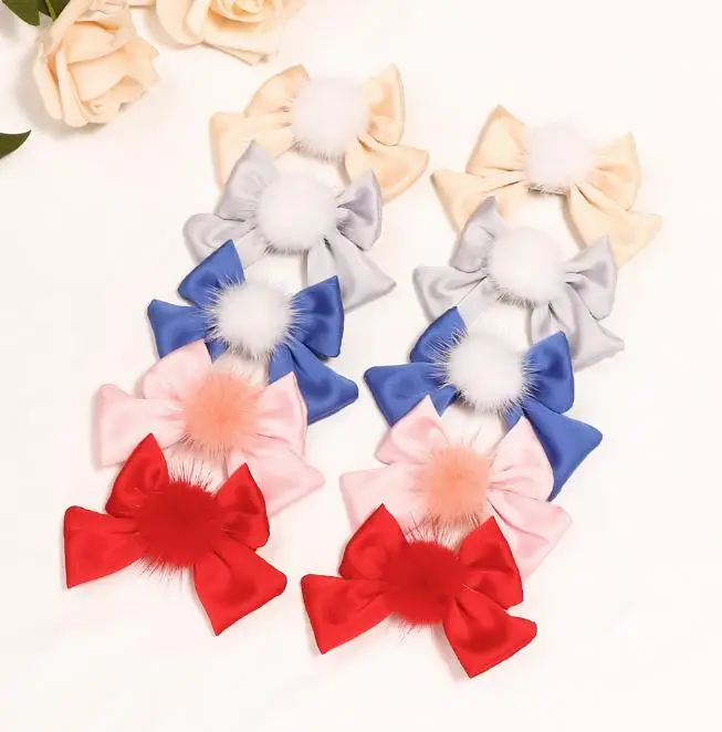 Fashion Ribbon Hairgrips Mink Fur Pompon Ball lovely Hair Barrettes Large Bow Hairpin For Girls Kids Hair Clip Hair Accessories