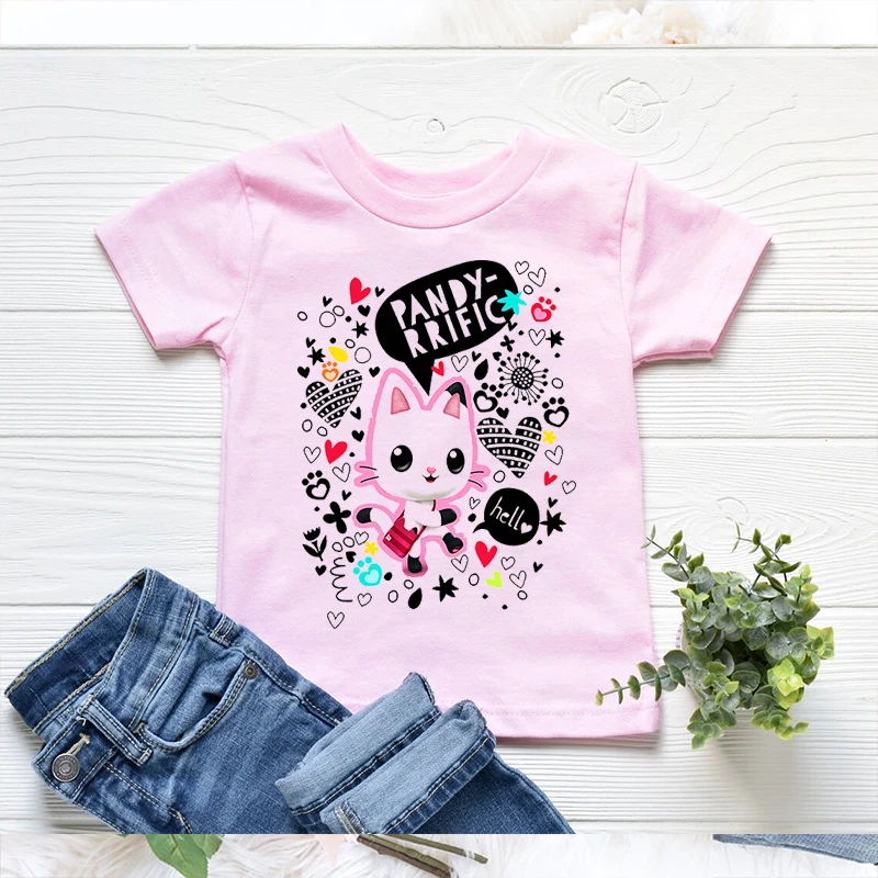 Newly Girls T-Shirts Cute Gabbys Doll House Cartoon Print Clothes Kids Tshirt Fashion Casual Baby T Shirts White Pink Shirt Tops