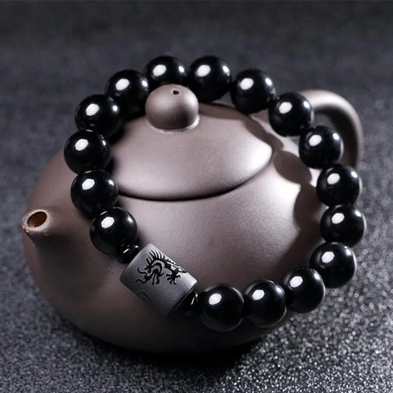 Natural Black Obsidian Carved Buddha Lucky Amulet Round Beads Strand Bracelet for Women Men Yoga Jewelry 6MM 8MM 10MM 12MM