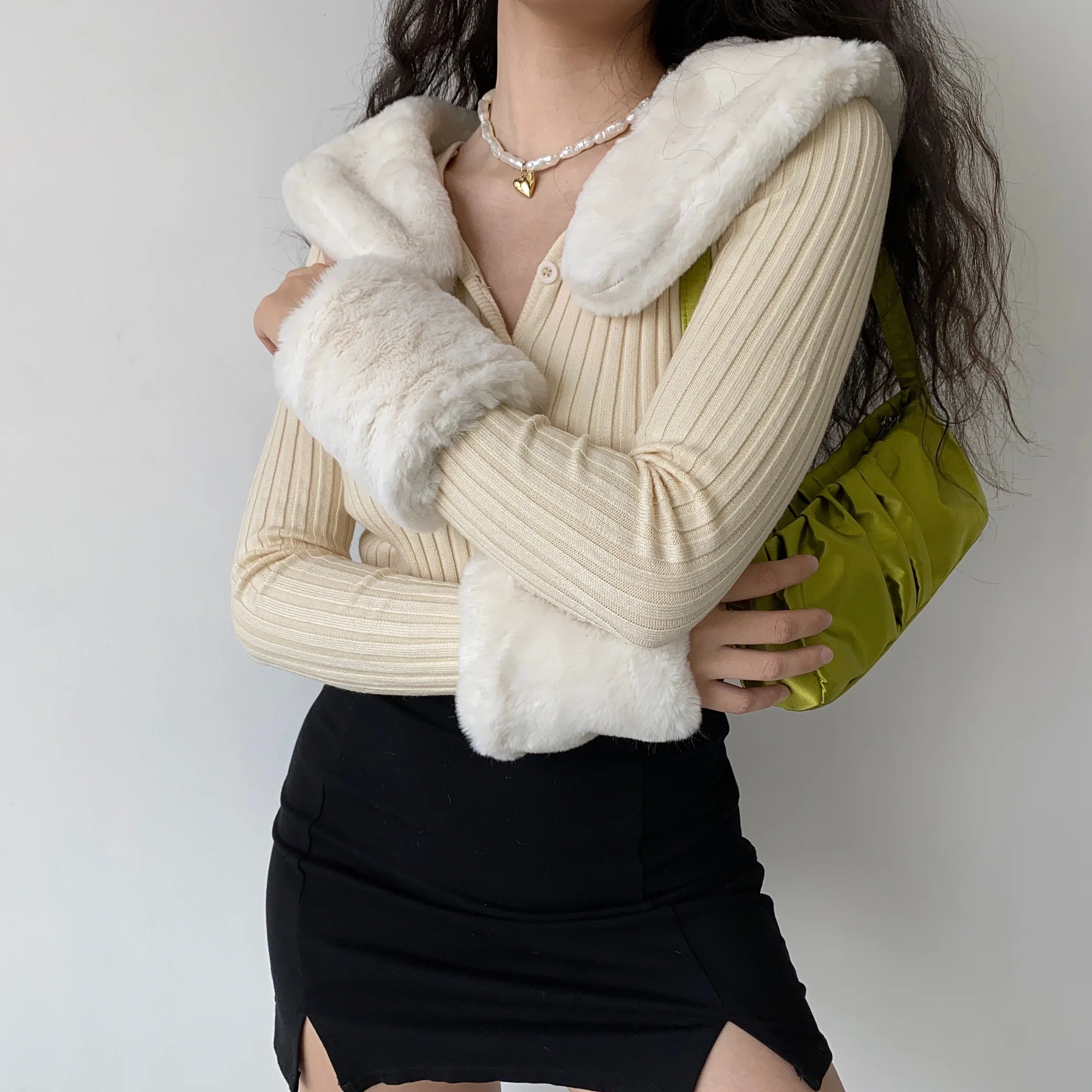 TVVOVVIN Fashion Trend Removable Rabbit Fur Collar Long Sleeve Slim Knitted Sweater Winter Solid Color Cardigan 9NY5