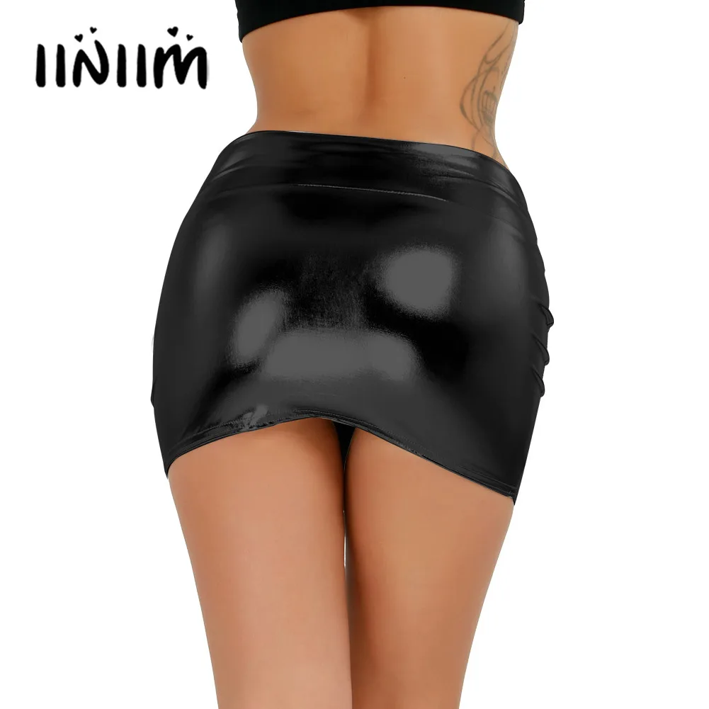 

iiniim Sexy Womens Rave Bar Clubwear Shiny Snug-fitting Patent Leather Wetlook Mini Skirt Cocktail Costumes Performance Skirts