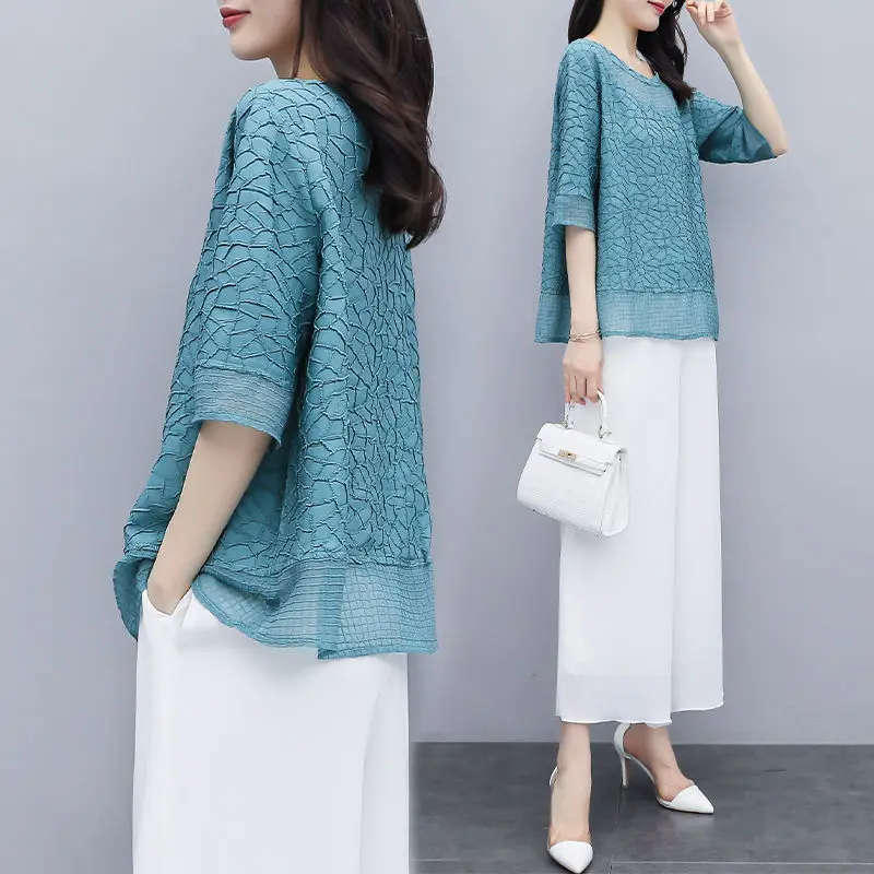 Spring Summer Cyan Brindle Elegant Blouses Shirts Loose Chiffon Blusas Tops O-Neck Solid Color Extra Large 5XLDM0063