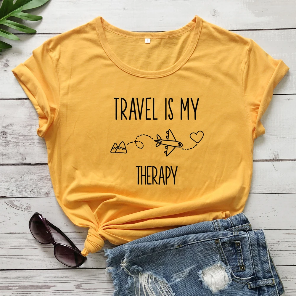 Travel Is My Therapy T-shirt Casual 90s Women Adventure Outdoor Tshirt Unisex Summer Graphic Airplane Mode Tees Tops Streetwear