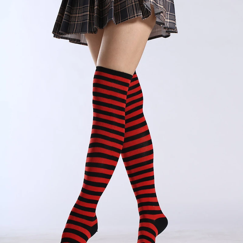 1Pair Over Knee Black White Blue Red Long Stripe Japanese Cartoon Tight High For Women Girl Cosplay Student Kawaii Tights