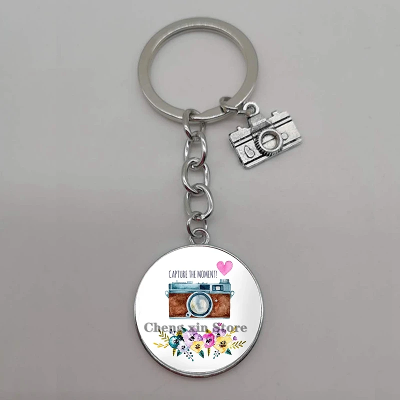 Love Moon Hot Air Balloon Round Glass Camera Flower Picture Cabochon Dome Keychain Camera Car Bag Keychain Accessories image 3