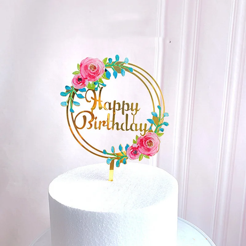 Nuovi fiori colorati Happy Birthday Cake Topper acrilico dorato festa di compleanno decorazione Dessert per Baby shower forniture da forno