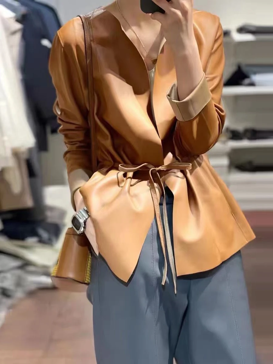 Women Clothing European Elegant Female Genuine Leather Coat Mujer Draw Back Round Neck Pleated Belt Caramel Jackets Streetwear