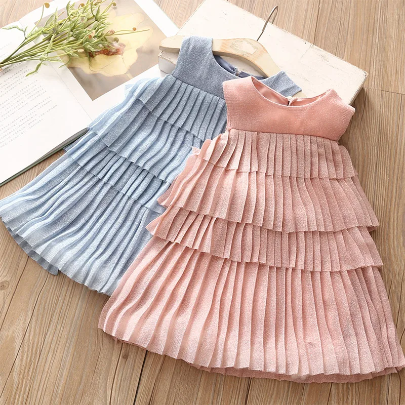 

2024 Summer European American Style Children Clothing Baby Kids Solid Color Chiffon Sleeveless Dress For Girls Pleated Sundress