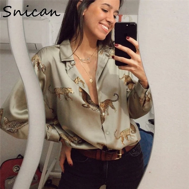 Snican Vintage Animal Leopard Print Satin Shirts Elegant Formal Office Ladies Blouse Za Camisa Fashion Camisas Mujer 2021 Zora
