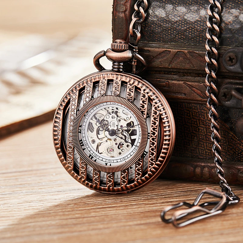 Retro Mechanical Movement Pocket Watch Fashion Gift Hollow Design Roman Numeral Dial with Fob Chain All-Match Decorative Clock