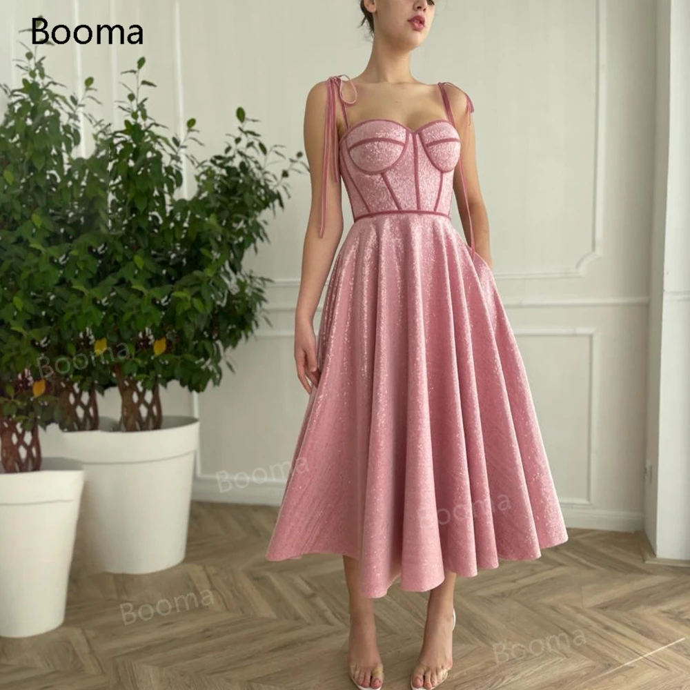 Booma-Pink Sparkling Prom Vestidos com bolsos, vestidos curtos de festa formais, cintas de espaguete, chá de comprimento, lantejoulas Midi, desossada